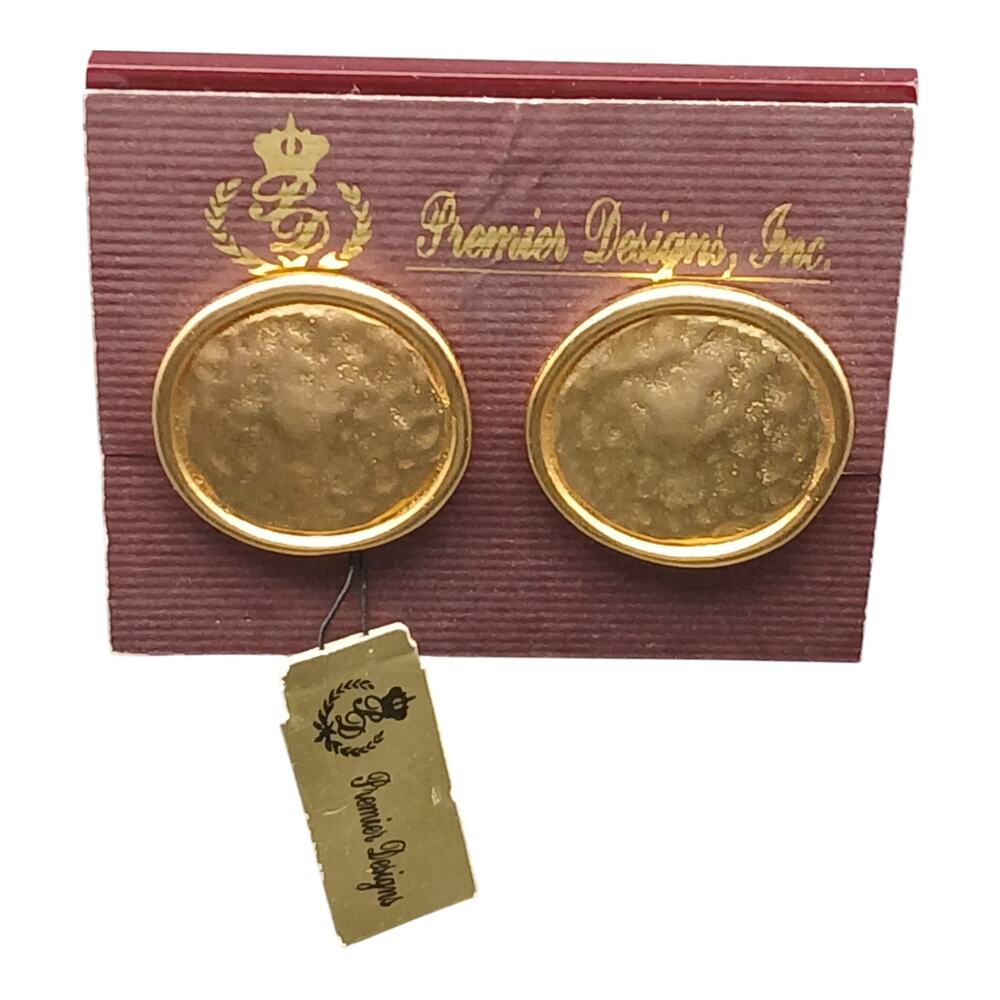 Premier Designs Gold Tone Clip Earrings Hammered Textured Round Statement NWT